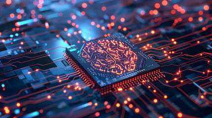 Fototapete - Neon glowing digital technology circuit board in computer. with AI brain chip CPU; Futuristic glowing bright blue and red color. Abstract connection concept presentation background Idea