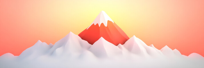 Poster - A 3D illustration of a mountain peak with a snowy top against a soft orange sunset. The low-poly style gives it a modern and minimalist look.