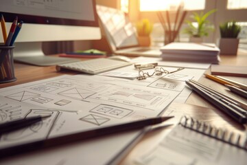 Designers desk with responsive web ux design blueprint sketch concept.