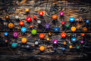 Poster - Colorful Network of Social Media and Communication Icons on a Wooden Background