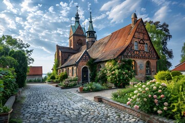 Wall Mural - Charming Historic Church Surrounded by Lush Gardens and Cobblestone Pathway