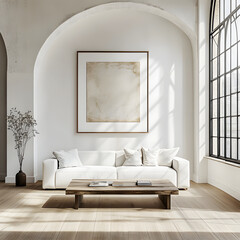 Wall Mural - Grunge old accent coffee table near white sofa against arched window and white wall with big art poster frame. Minimalist, art deco interior design of modern living room, home.