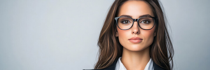 Canvas Print - A young woman with long brown hair looks intently at the camera, wearing black-rimmed glasses.