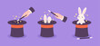 © LadadikArt - Rabbit trick. Wizard cylinders and magic wand, popular illusionist show tricks with bunny ears and magician cylinder. Conjure use, racy vector scene