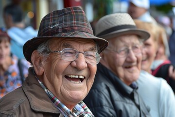 Poster - Portrait of a happy senior man in a hat and glasses.