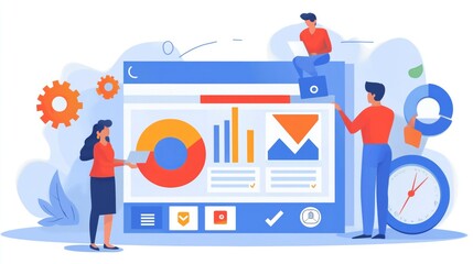Poster - Illustration of a team analyzing data on a large screen, symbolizing digital research, collaboration, and information analysis, Generative Ai