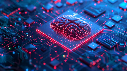 Fototapete - Neon glowing digital technology circuit board in computer. with AI brain chip CPU; Futuristic glowing bright blue color. Abstract connection concept presentation background Idea