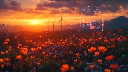 Wind turbines stand tall in a field of wildflowers at sunset with futuristic digital data overlay.