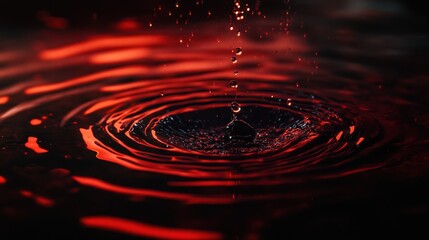 Poster - A close-up of water droplets creating ripples in a red-tinted liquid.