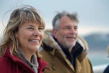 Wall Mural - Portrait of happy senior couple in winter clothes smiling at the camera