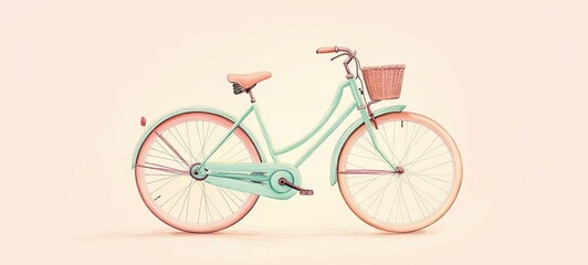 A hand-drawn, retro-style illustration of a vintage bicycle in soft pastel tones, offering a nostalgic and charming design for wall art, stationery, or prints