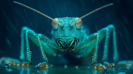 grasshopper on a dark blue background, tiny creature, micro wildlife, insect macro shots and delicate creatures
