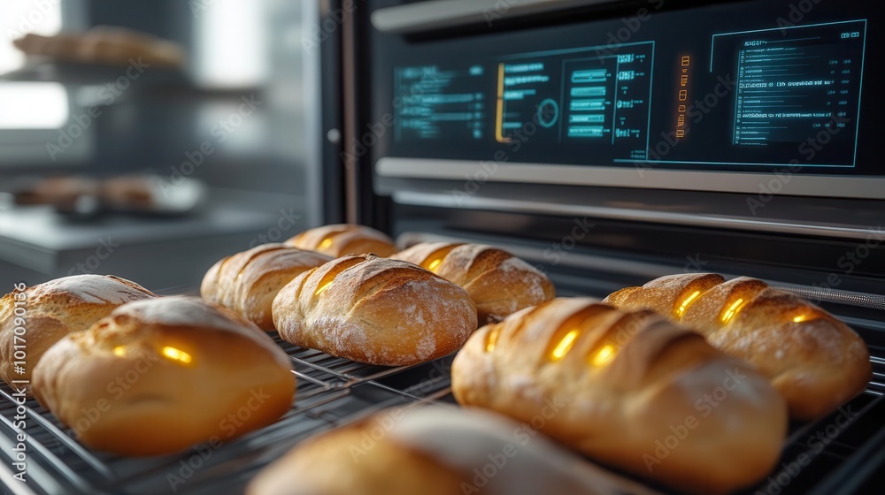 Baking bread in a hyper-modern oven with digital interfaces showing ...