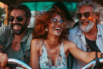 Canvas Print - Group of happy friends driving a motorbike on a road trip.