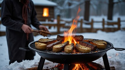 A man grilling food over an open fire in the snow.