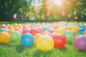 Colorful balloons scattered on green grass under bright sunlight.