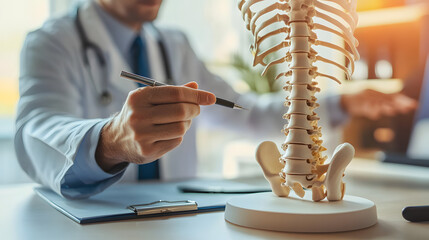 Closeup no face medical male doctor pointing on human spine model with a pen sitting in his office. Spinal healthcare and back pain treatment concept. Selective focus, copy space