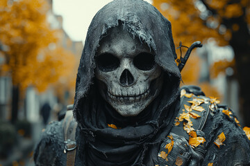 Canvas Print - A skeleton costume, worn by a trick-or-treater, capturing the essence of Halloween. Concept of fashion.