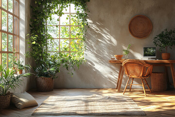 Poster - a quiet, minimalistic workspace with no technology, promoting focus and calm. concept of slow living