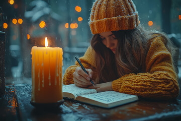 Wall Mural - a person writing in a journal by candlelight, reflecting on their day without rushing. concept of sl