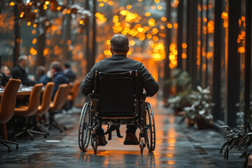 Sticker - A man in a wheelchair leading a business meeting, focusing on inclusion in professional spaces. Concept of business.