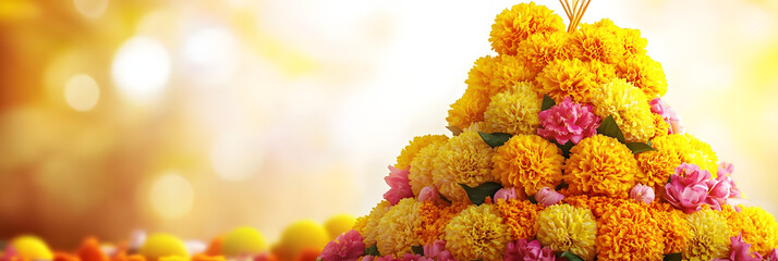 Wall Mural - Happy Bathukamma Greetings In Telugu language Typography. Abstract Yellow Traditional floral Background