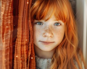 Sticker - A young girl with red hair and freckles looks out from behind a curtain. AI.