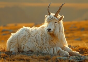 Canvas Print - A fluffy white goat with long horns lies in a grassy field. AI.