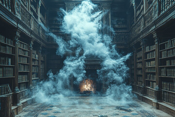 Poster - a haunted library with dusty old books and ghostly apparitions floating through the air. concept of 