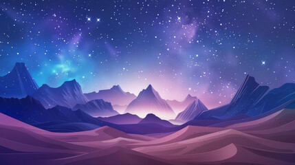 Night starry sky with stars and nebula lights in the mountains. Beautiful nature background