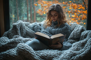 Poster - a cozy reading nook with natural light, where someone sits quietly with a book. concept of slow livi