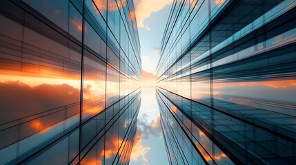 Canvas Print - Skyscraper reflecting sunset background. 3d abstract architecture design of modern contemporary luxury building converging glass and steel. Perspective view landscape. Hi-tech sustainable architect.