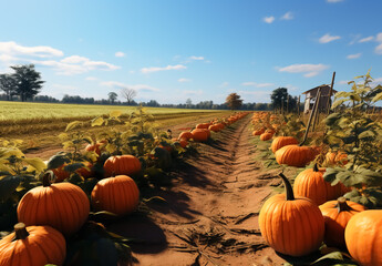 Wall Mural - Watercolor illustration with pumpkins field in autumn. Halloween time
