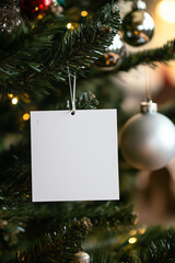 White blank mock up card hagning on a Christmas tree with colorful ornaments