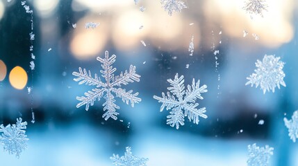 Closeup of frosty snowflakes on a window pane.