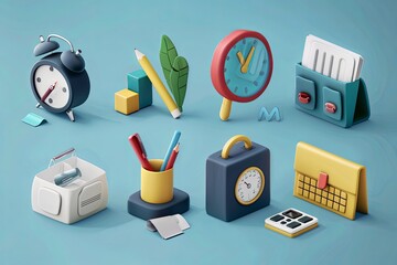 Aufkleber - A collection of vibrant desk accessories is displayed, featuring clocks, pens, and organizers, emphasizing a productive work environment. Generative AI