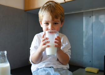 Cute little boy drinking milk in the kitchen. Healthy food concept