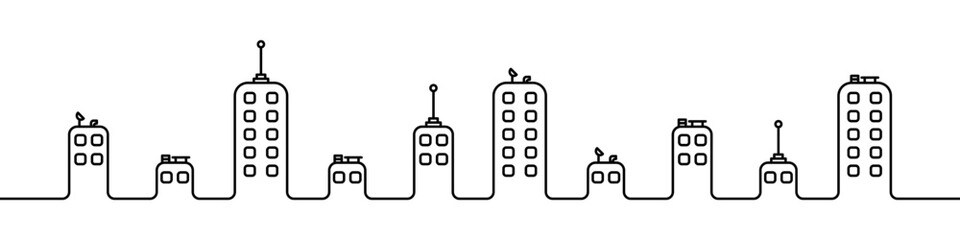 Poster - Vector linear city icons. Black city icon. Houses in order linear style drawing. Different types of houses vector set. Manufacture and infrastructure of the city line vector.