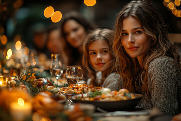 Canvas Print - A stock image of a family sitting around the dinner table, representing unity and family life. Concept of family.