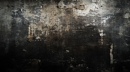 Grunge textured dark black wall with cracked and peeling paint.