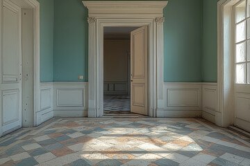 Poster - A single open door in an empty hallway, representing opportunity and choice. Concept of minimalism.