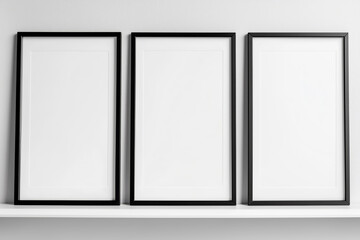 Three empty black vertical mock up frames on the wall