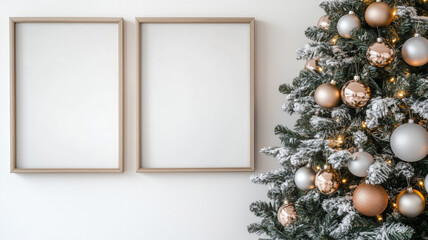 Wall Mural - Two mock up poster frames on the wall next to a beatifully decorated Christmas tree with various ornaments