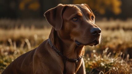 A brown dog with a leather collar sits in a field of dry grass, looking off to the side. The dog's fur is shiny and its eyes are bright.