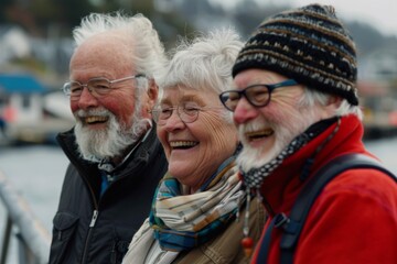 Sticker - Portrait of happy senior couple with gray hair and beard on the embankment.