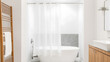 © Tark - White shower curtain in front of a bathtub in a simple modern bathroom. Generative AI