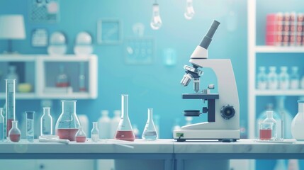 Aufkleber - A bright lab features a microscope with colorful liquids in glass beakers and flasks, creating a vibrant scientific atmosphere. Generative AI