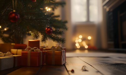 Wall Mural - Cosy living room with decorated Christmas tree and warm garland lights. New Year and Merry Christmas concept.