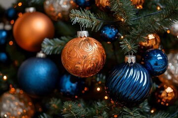 Wall Mural - Close up Christmas tree pattern. Marco of decorated Christmas tree with balls. New Year background for design,