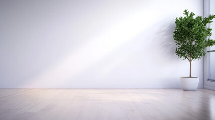 Poster - Minimalist interior design with a potted plant in the corner of the room. The large white wall creates a blank canvas for any design ideas.